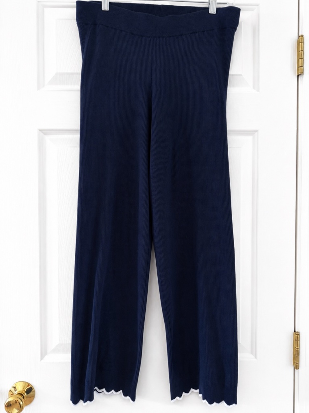 Nanette Lepore Navy White Ribbed Knit Pants Scalloped Hem Size Medium